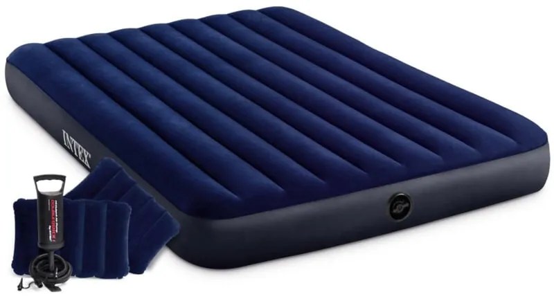 64765 - Materasso Gonfiabile Classic Downy Matrimoniale, Due Cuscini e Pompa Manuale, pvc, Blu, 152x203x25 cm - Intex