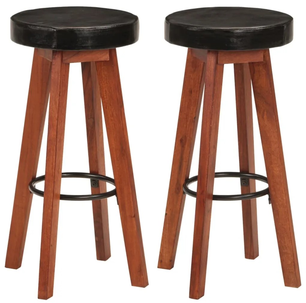 Sgabelli Da Bar 2 Pz İn Vera Pelle E Legno Massello Di Acacia /