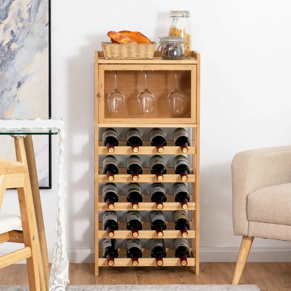 Costway Scaffale di bambù per 20 bottiglie di vino, Espositore vino con porta bicchieri ante magnetiche trasparenti