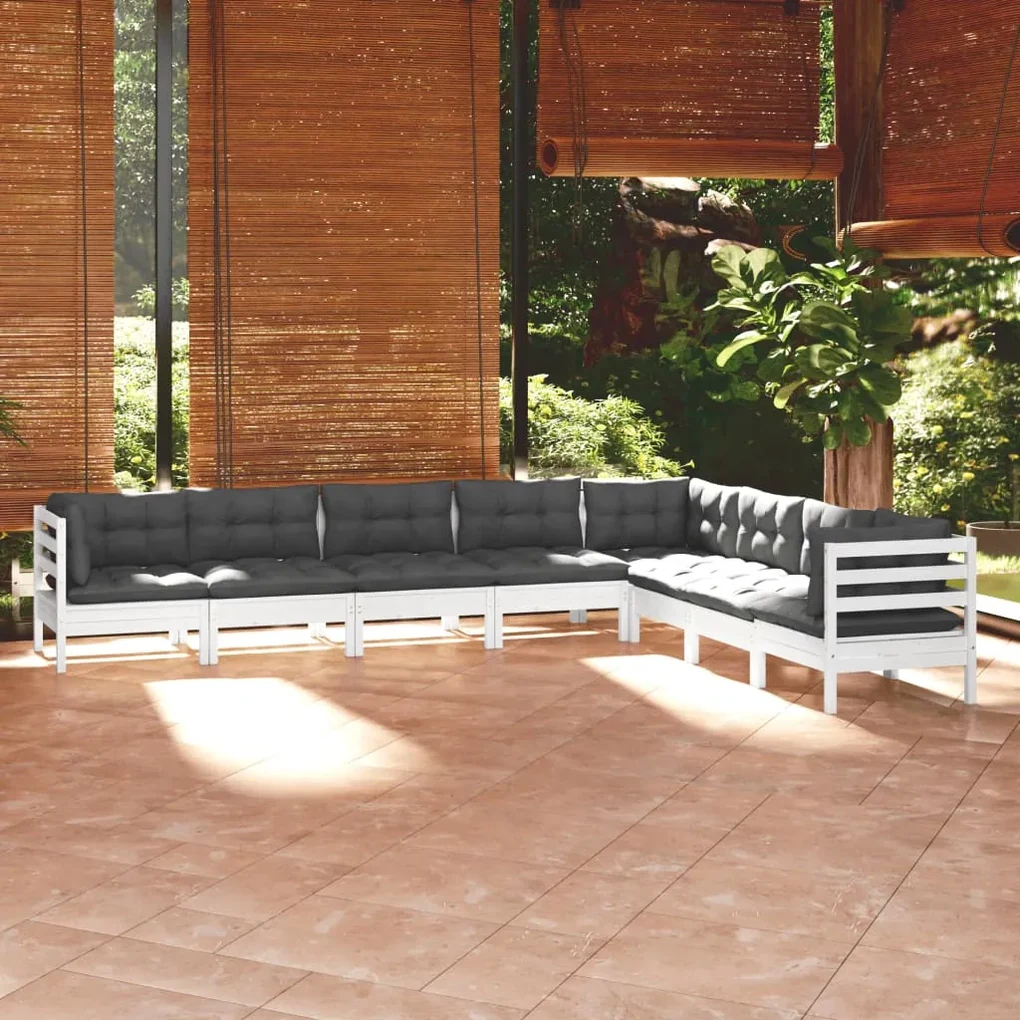 Set divani da giardino 8 pz con cuscini bianchi legno di pino