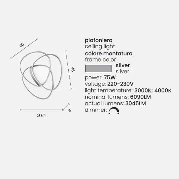 Plafoniera Led ROSE dimmerabile in metallo verniciato Argento D64 cm