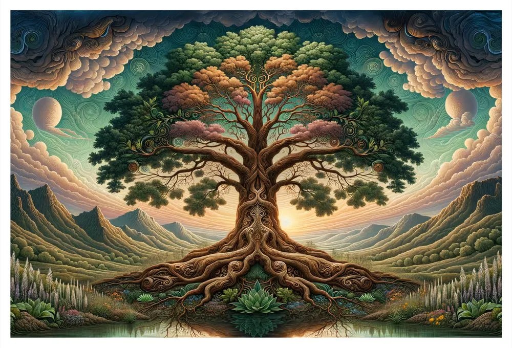 Quadro su tela – Maestoso albero della vita tra le montagne