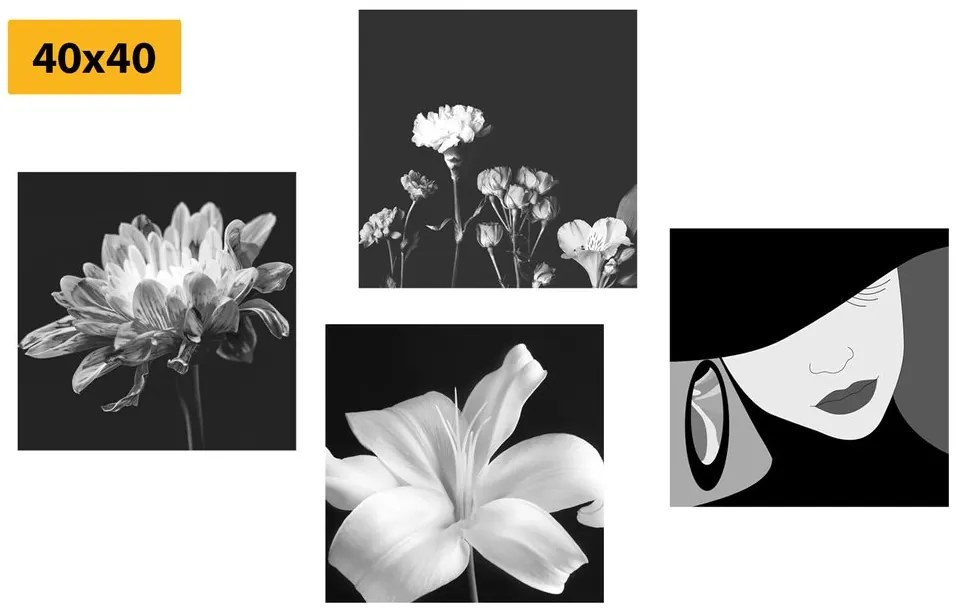 Set di quadri – Eleganza femminile e fiori in bianco e nero