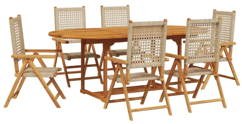 Set pranzo da giardino 7 pz beige polyrattan e legno massello