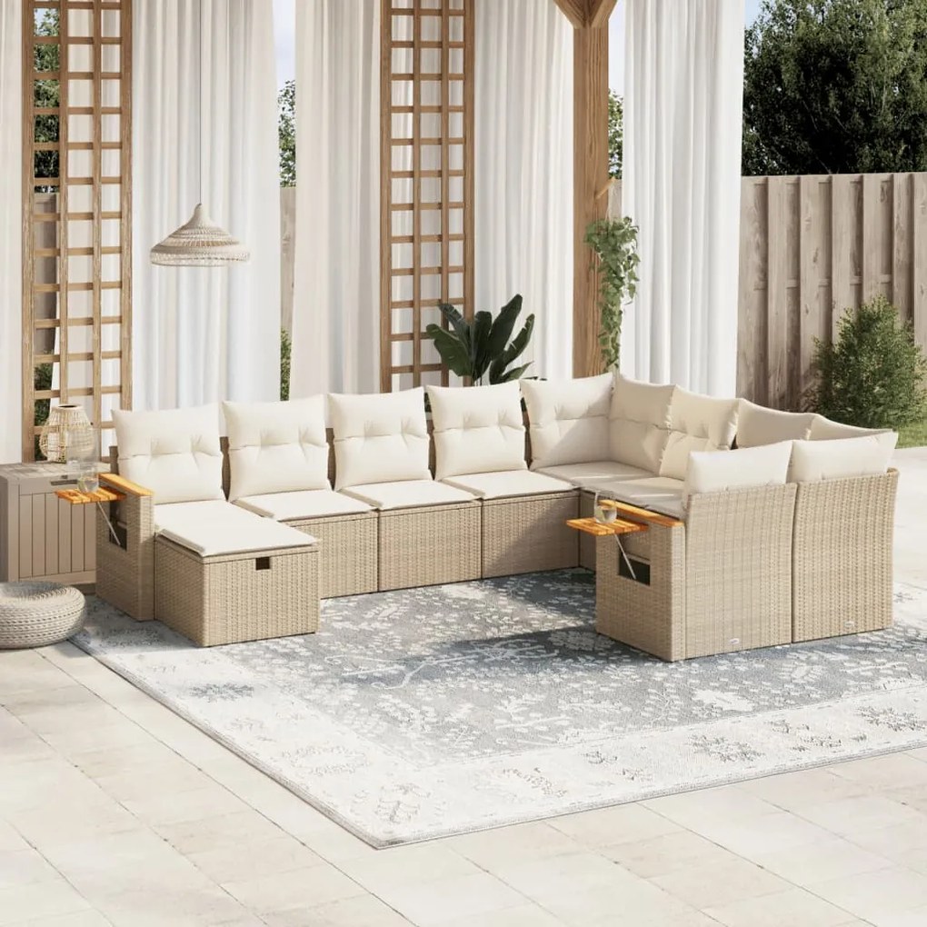 Set Divano da Giardino 10 pz con Cuscini Beige in Polyrattan