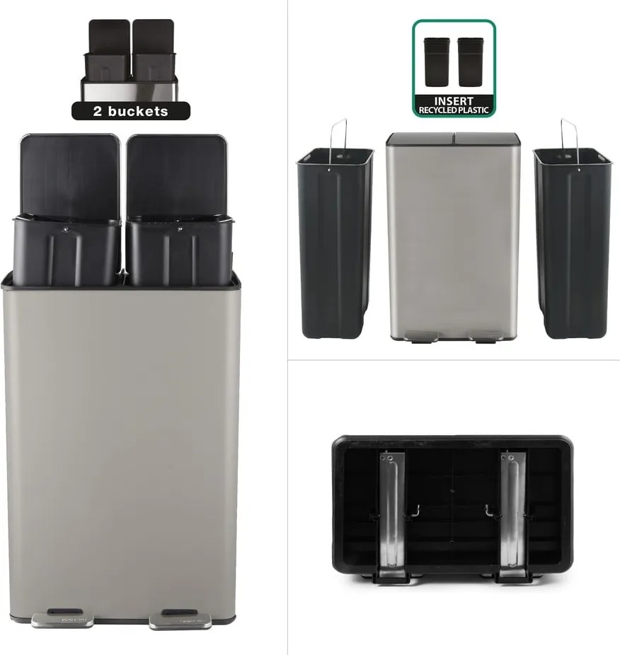 Cestino per la spazzatura grigio tortora in acciaio per raccolta differenziata/con pedale 2x30 l Aliya – Spirella
