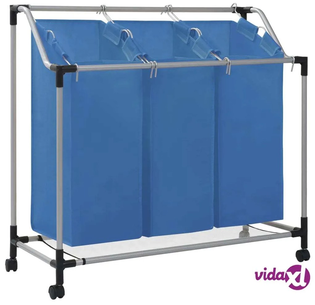 vidaXL Portabiancheria con 3 Scomparti in Acciaio Blu
