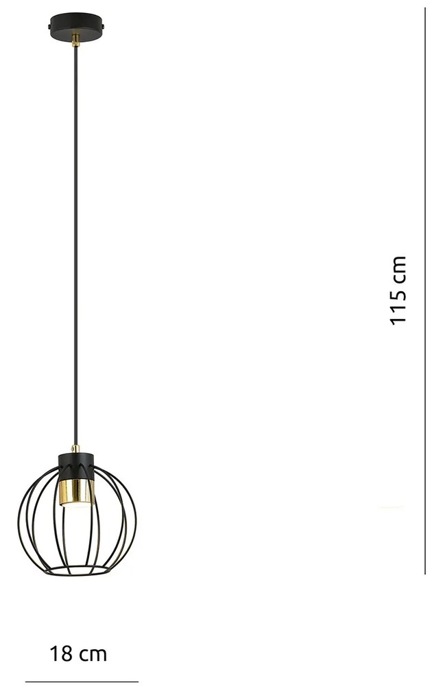 Sospensione Minimal Orfeo 1 Luce In Acciaio Nero A Gabbia Con Oro