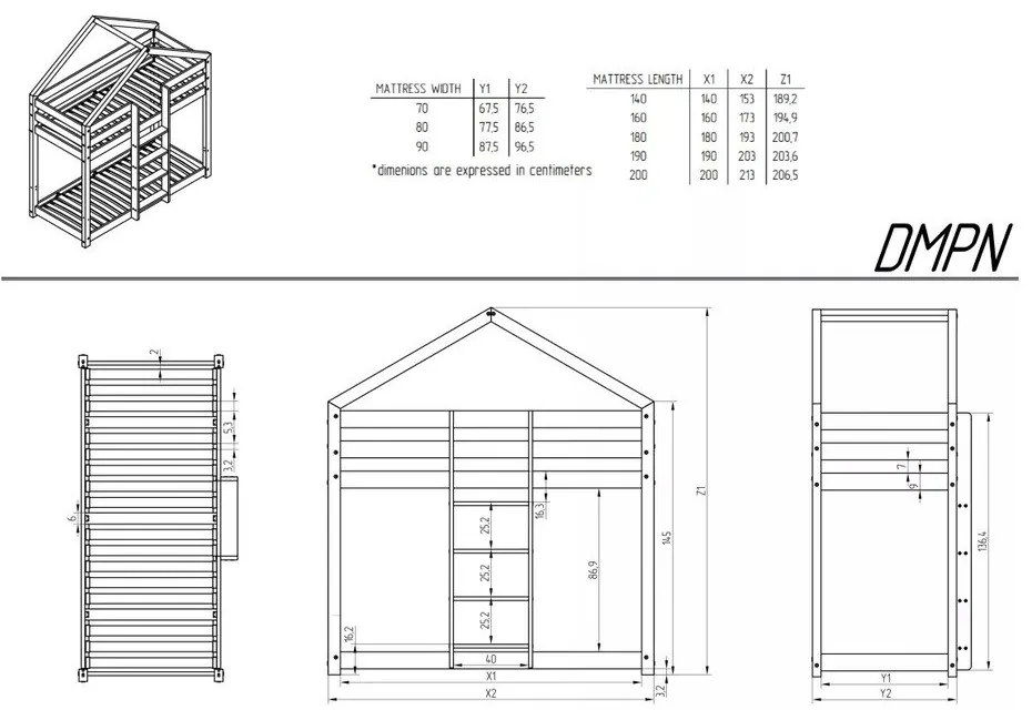 Letto da bambini a forma di casa/a castello di colore naturale con rete inclusa 80x200 cm DMPN – Adeko