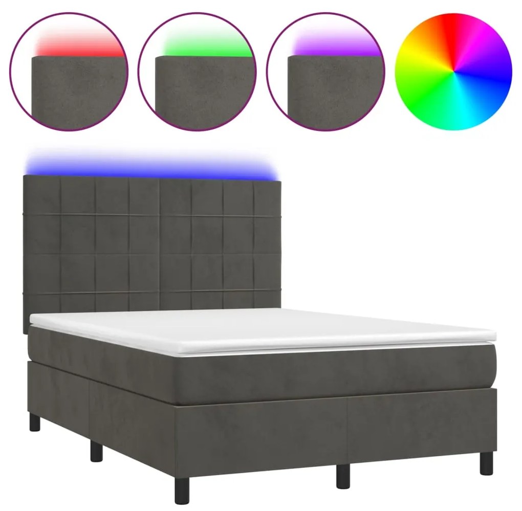 Letto a molle con materasso e led grigio scuro 140x190 cm