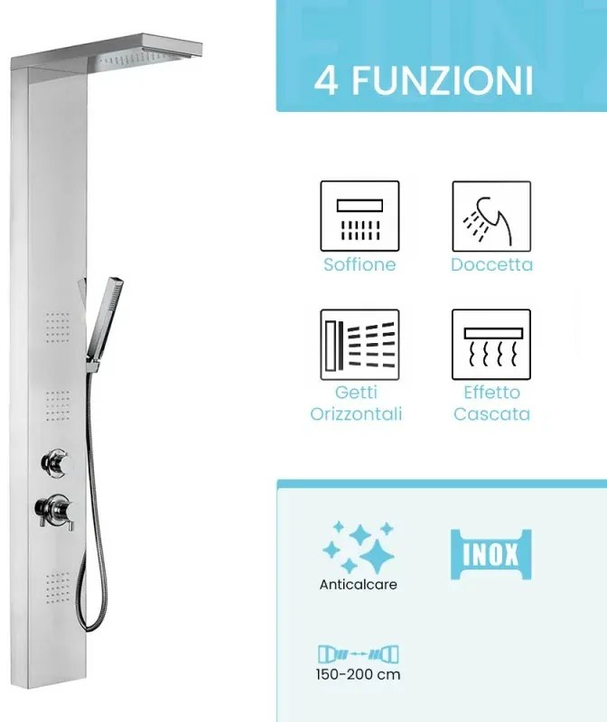 Pannello doccia multifunzione con 4 getti in acciaio inox cromato