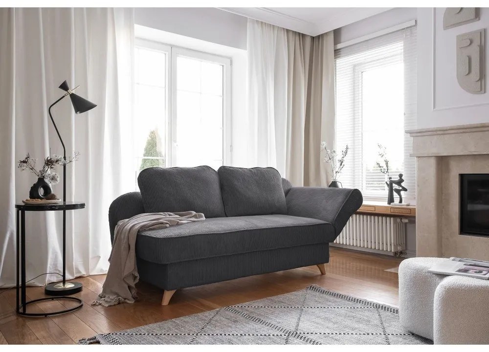 Chaise longue grigia (con penisola a destra) con rivestimento in velluto a coste Chic Charlotte – Miuform