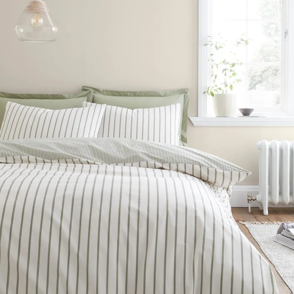 Set copripiumino e federa verde e color crema in cotone per letto matrimoniale 200x200 cm Hampton Stripe – Bianca