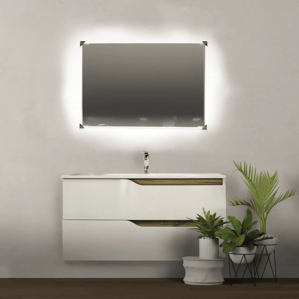 Mobile Bagno Sospeso 100 Cm Due Cassetti Specchio Con Illuminazione Led Savini "Grace 2"