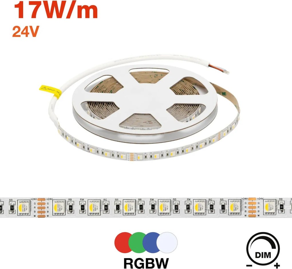 Striscia LED RGBW Multicolore 24V 17W/m Professionale - IP20 - 5 metri