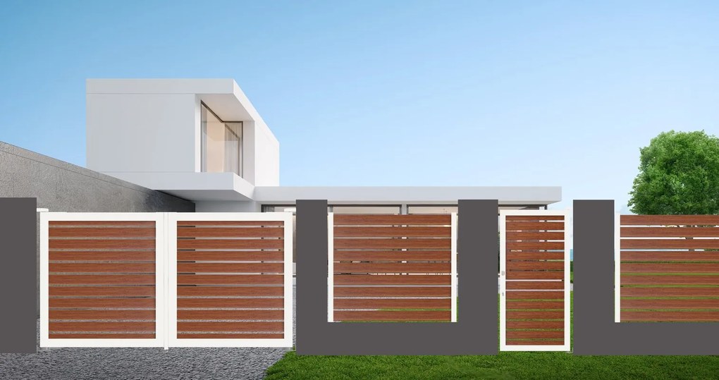 Cancello automatico battente Maia120-20 ALBA in alluminio rovere dorato telaio bianco, apertura centrale, L 300 x H 190 cm