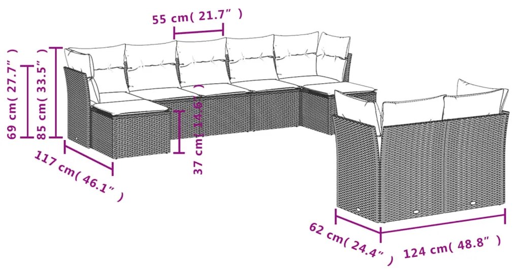 Set divano da giardino 9pz con cuscini grigio chiaro polyrattan