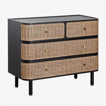 Cassettiera in rattan e legno Crawley Nero liscio - Sklum