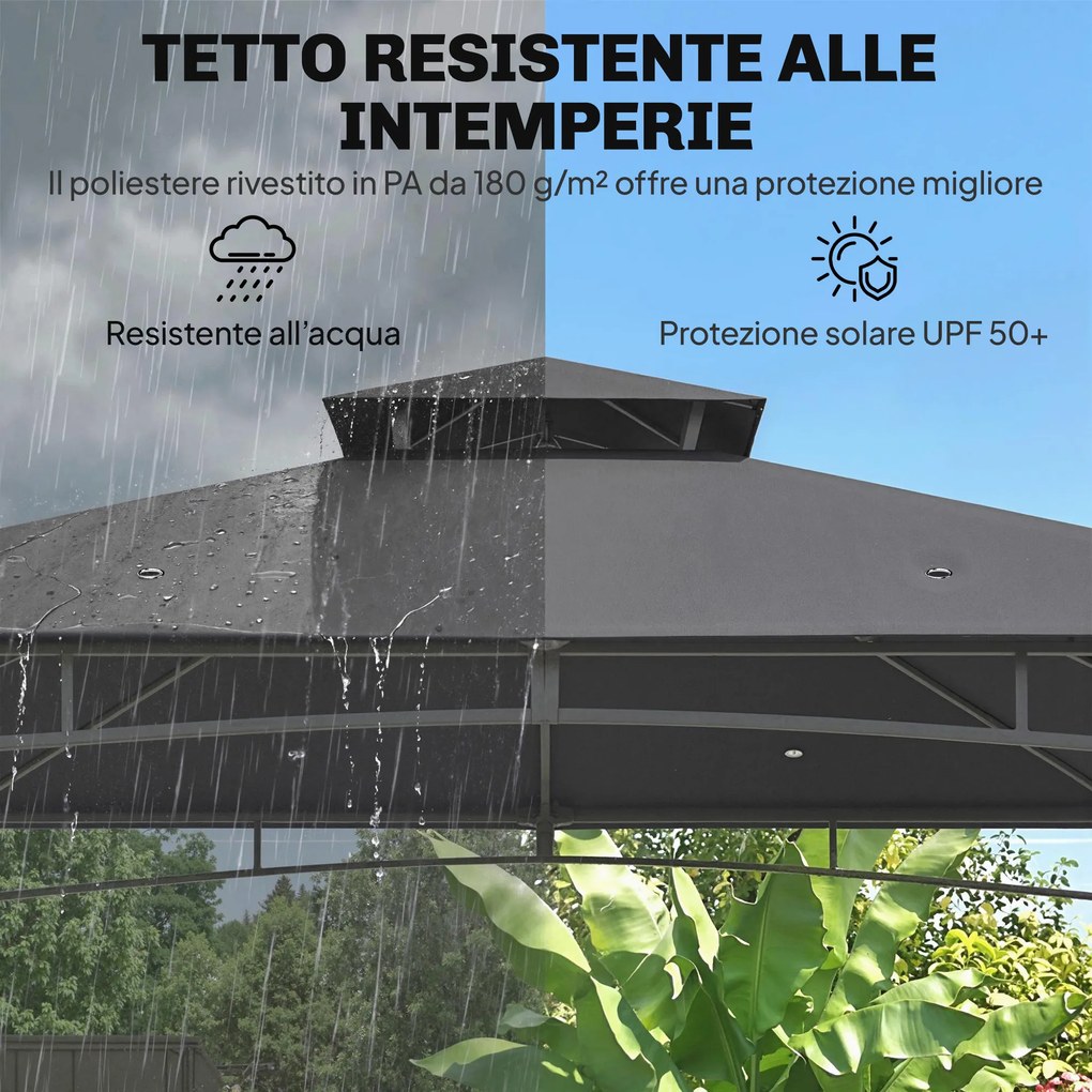 Gazebo da Giardino 300x300x285 cm con Doppio Tetto in Poliestere e Metallo Grigio Scuro...