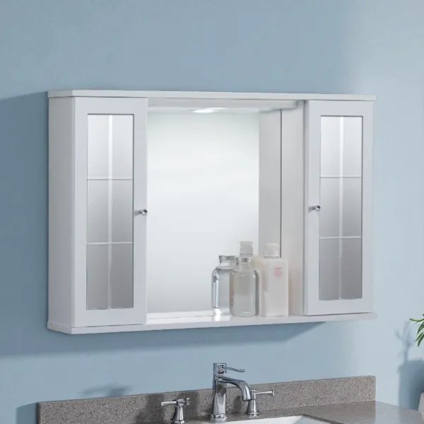 Specchiera da bagno PLUTONE 90 bianco lucido a 2 ante con specchi e luce LED