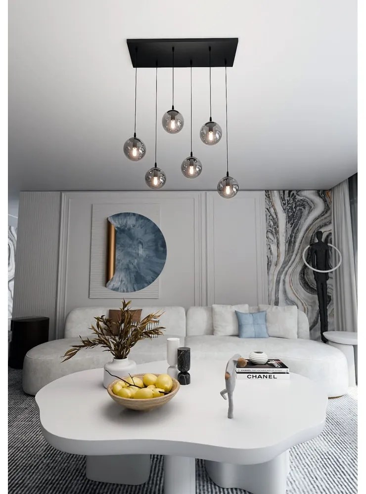 Lampadario a Sospensione in Acciaio e Vetro COSMO 6 Nero 6xE14 Colore delle Sfere Grafite