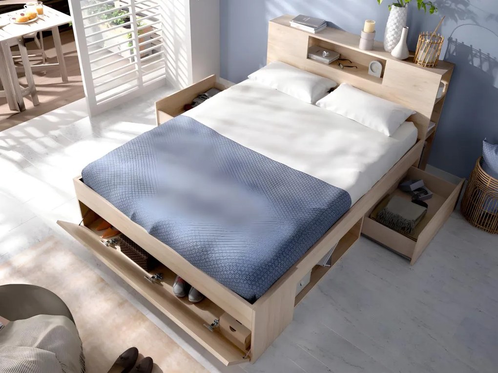 Letto matrimoniale con testiera portaoggetti e cassetti 160 x 200 cm - Colore Naturale - LEANDRE