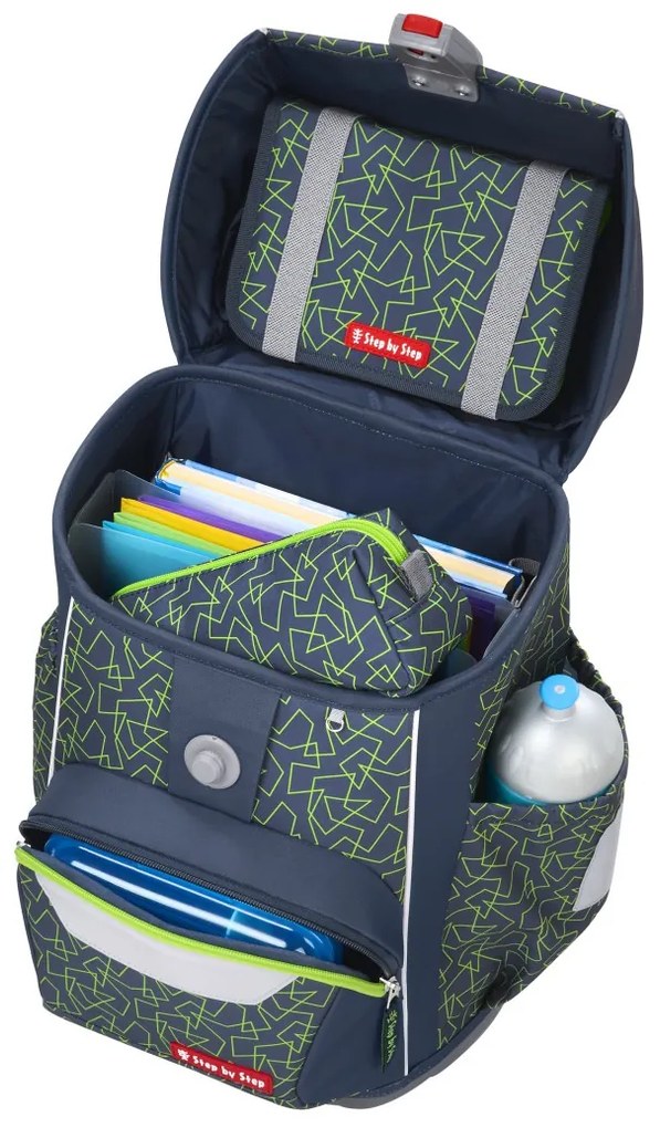 Zaino scuola Step by Step BASIS, Green Geometric - set 4 pezzi