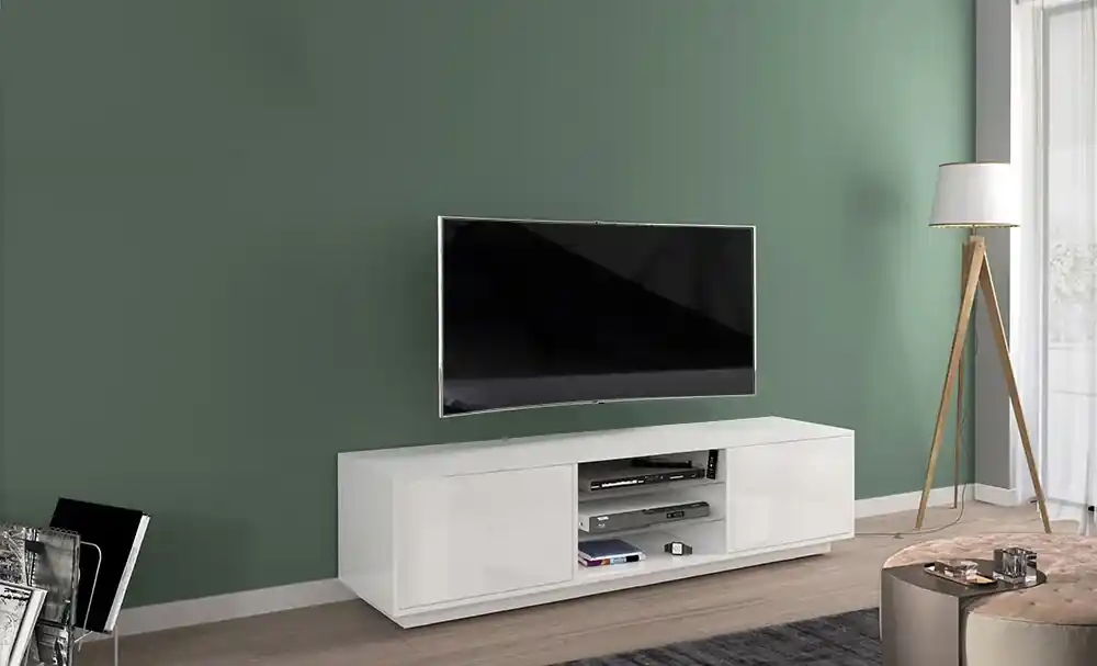 Porta tv moderno bianco laccato lucido con due mensole in vetro