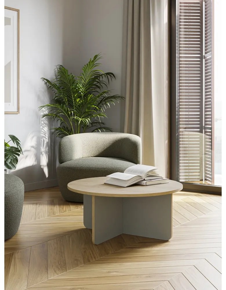 Tavolino da salotto rotondo in verde chiaro/di colore naturale con piano effetto rovere ø 80 cm Hillary – Marckeric