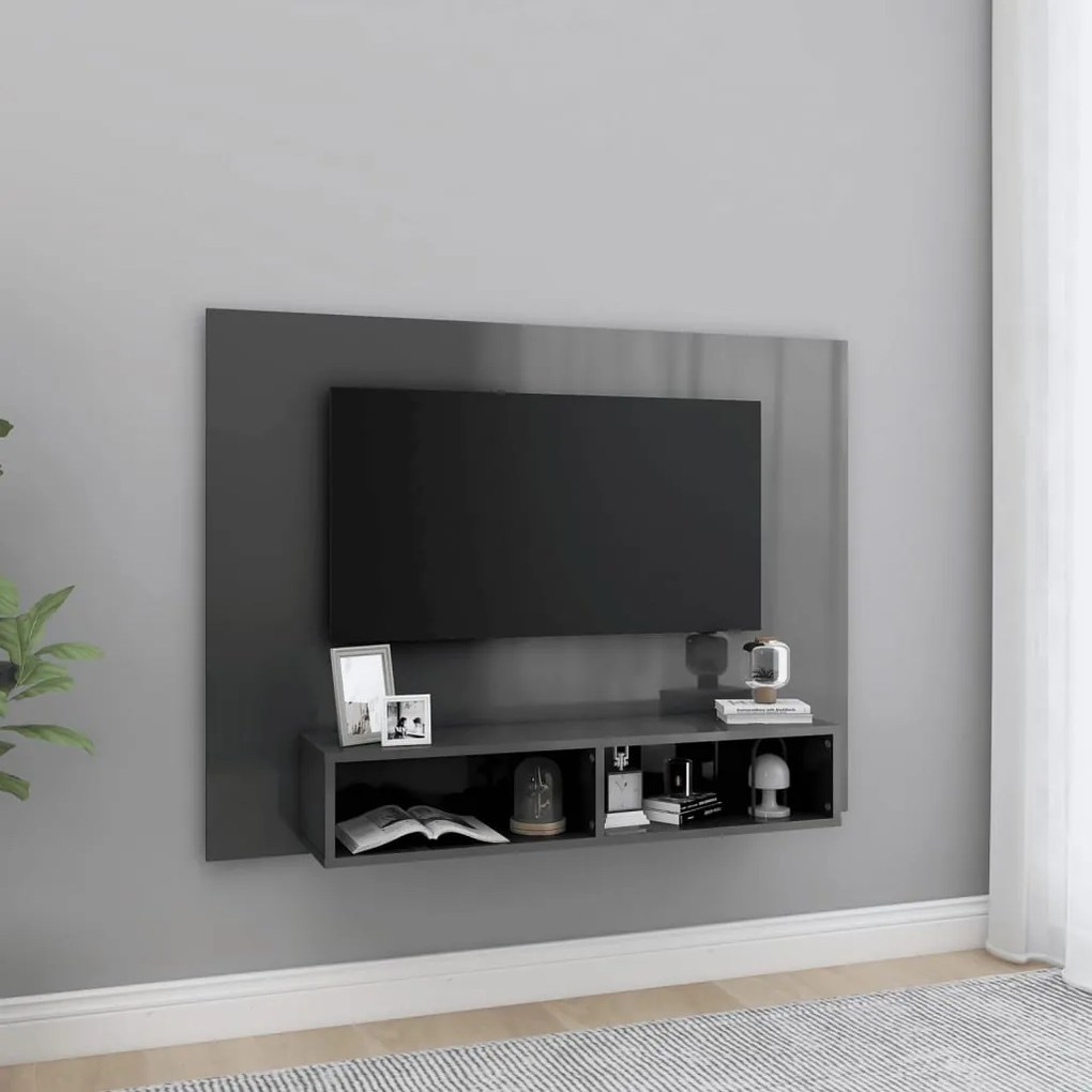 Mobile TV a Muro Grigio Lucido 120x23,5x90 cm Legno Multistrato