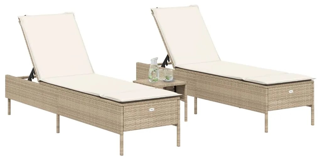 Set lettini prendisole con cuscini 3pz beige in polyrattan