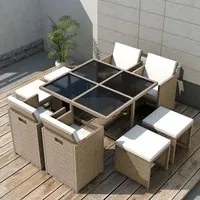 Set da Pranzo da Giardino 9 pz con Cuscini in Polyrattan Beige 42556