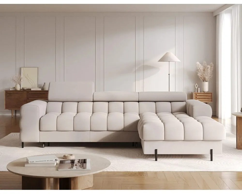 Divano angolare beige allungabile/con contenitore (con penisola a destra/con chaise lounge) e rivestimento in velluto Felro – ELTAP