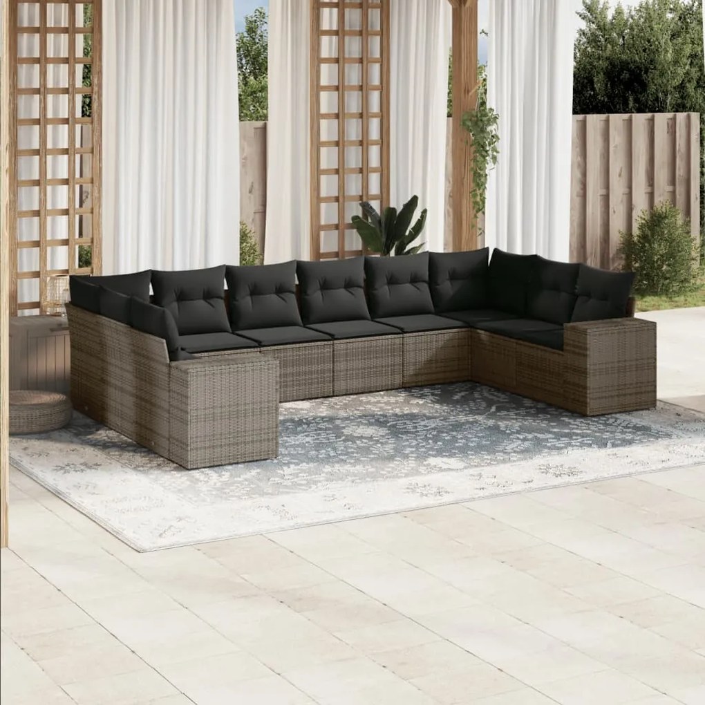 Set divano da giardino 10 pz con cuscini grigio in polyrattan