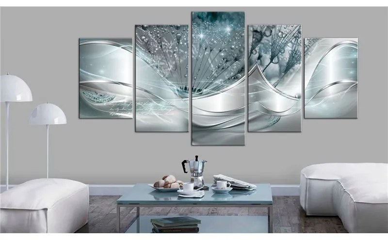 Quadro  Sparkling Dandelions (5 Parts) Blue Wide  Colore Argento, Dimensioni e Misure 100x50