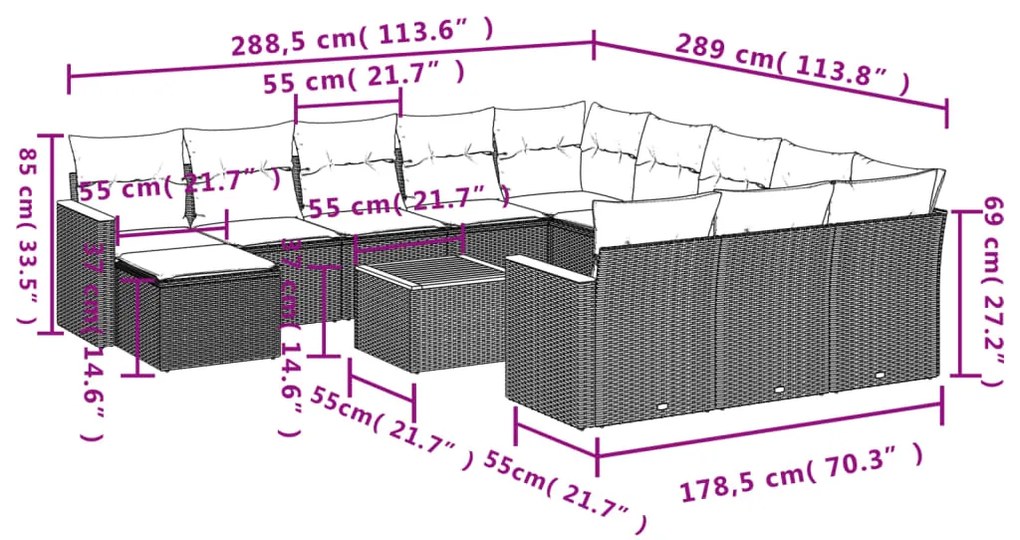 Set divani da giardino 13 pz con cuscini grigio in polyrattan