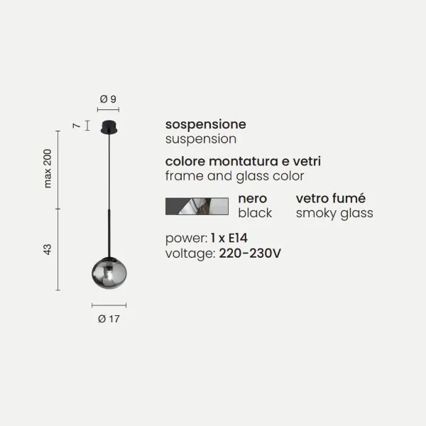 Lampada a sospensione JEWEL in metallo e vetro soffiato D17 cm 1 Luce Nero