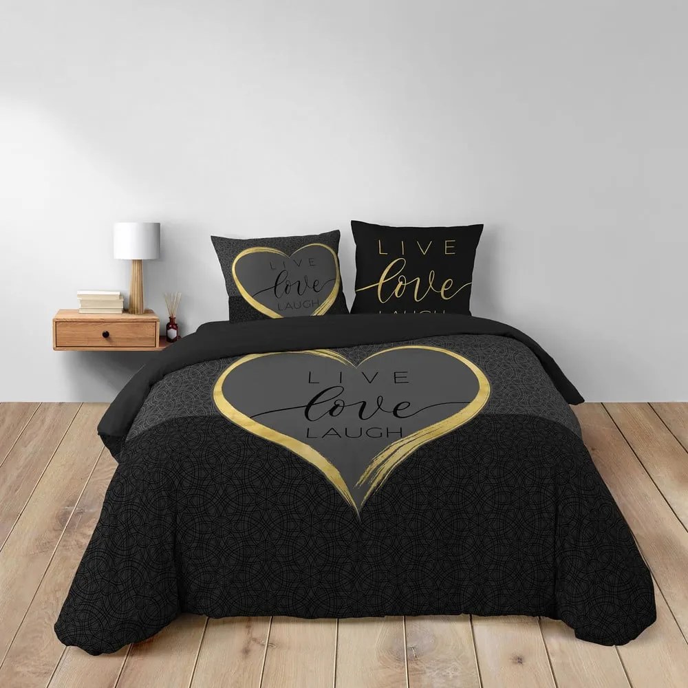Set copripiumino e federa nero in cotone per letto matrimoniale 200x200 cm Crazy Love – douceur d'intérieur