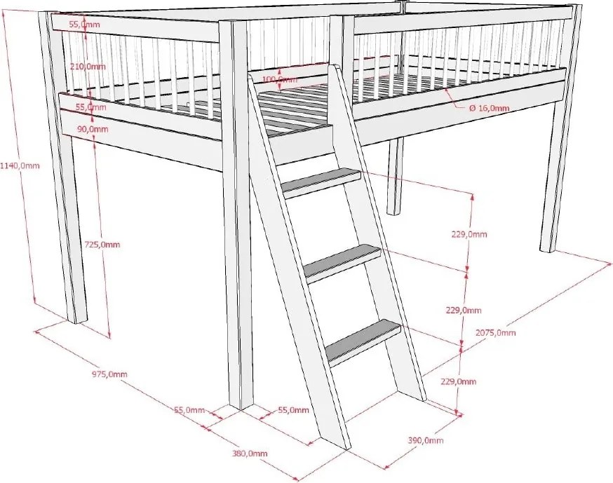 Letto per bambini in legno di faggio bianco rialzato 90x200 cm Forrest - Vipack