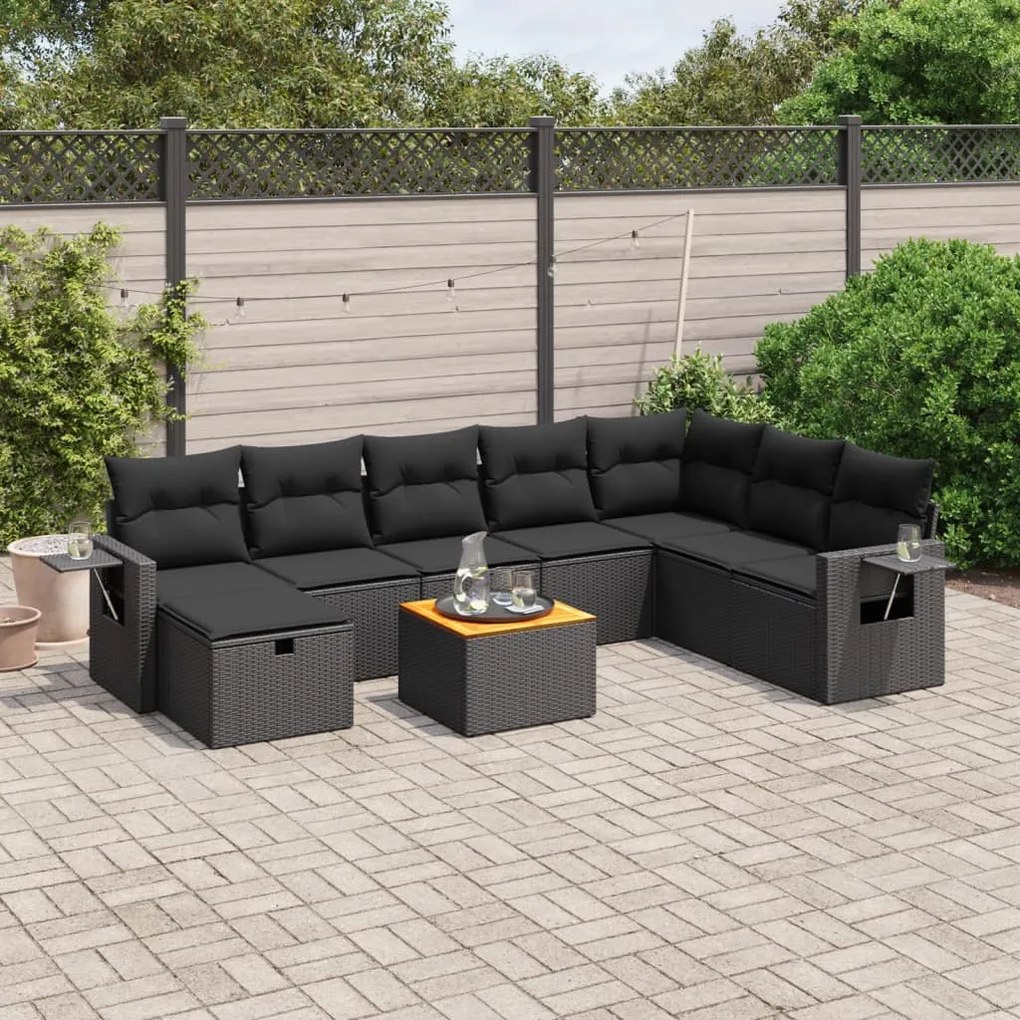 Set divani da giardino 9 pz con cuscini nero in polyrattan