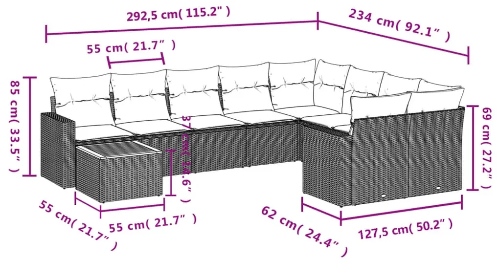 Set divano da giardino 10 pz con cuscini beige in polyrattan