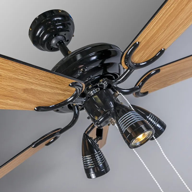 Ventilatore da soffitto nero 110 cm 3 luci con cordicella - Mistral