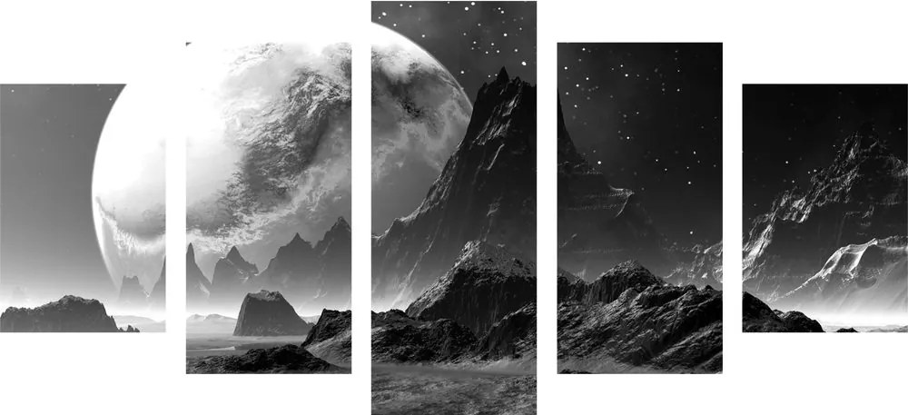 Quadri 5 pezzi – Paesaggio fantastico in bianco e nero