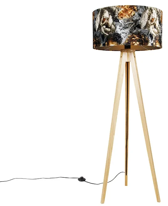 Lampada da terra a treppiede naturale con paralume floreale 50 cm - Tripod Classic