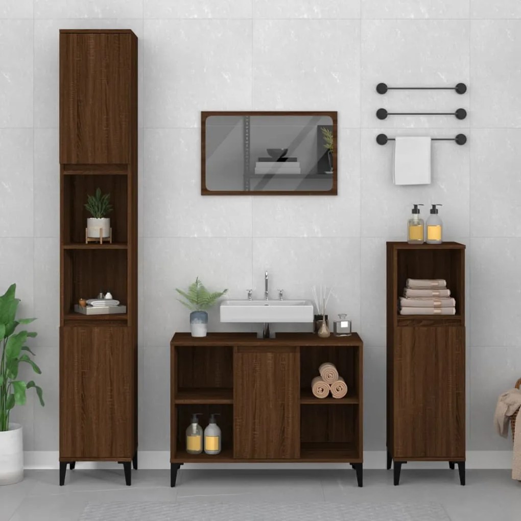 Set mobili da bagno 3 pz rovere marrone in legno multistrato