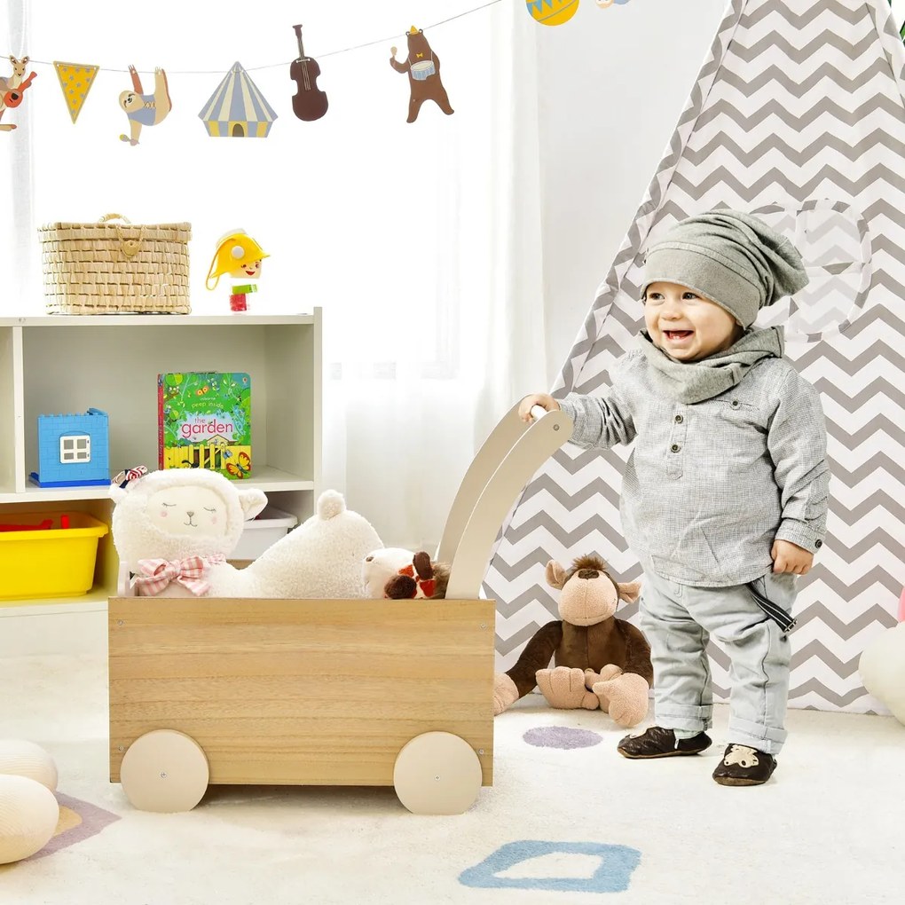 Costway Primi passi 2 in 1 a spinta con spazio per i giocattoli e ruote, Carrello giocattolo in legno per bambini Naturale