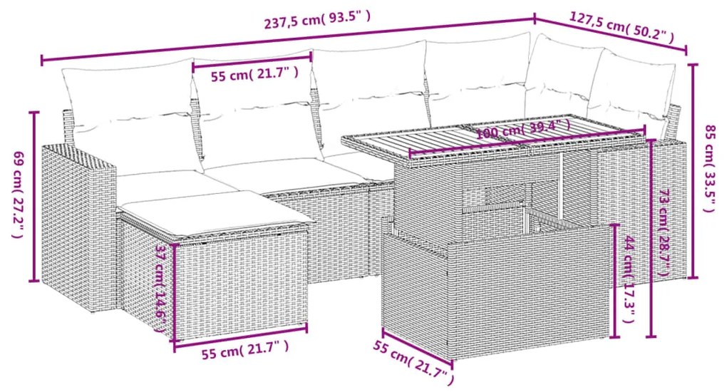 Set divani da giardino con cuscini 7pz nero polyrattan