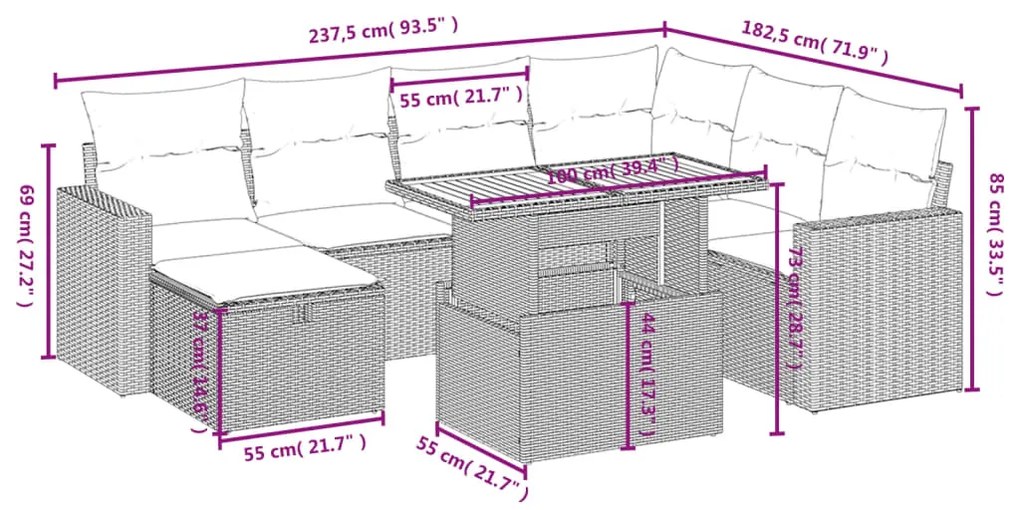 Set divano da giardino 8 pz con cuscini grigio in polyrattan