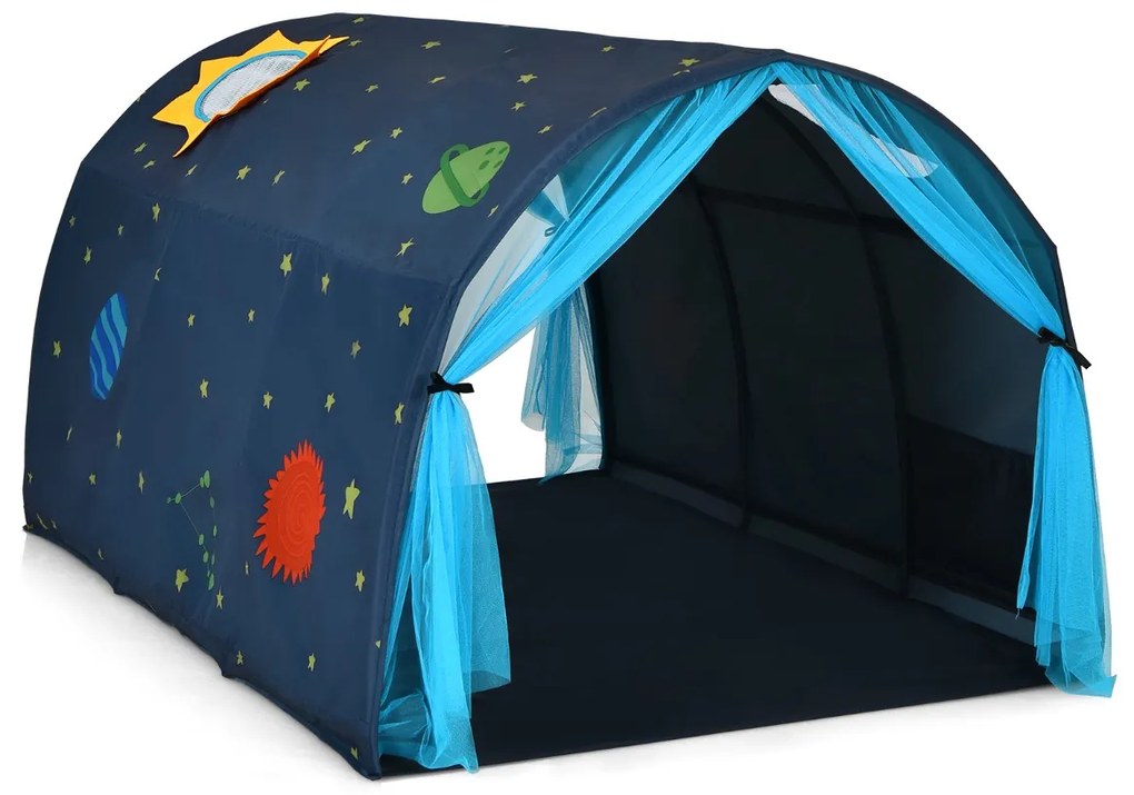 Costway Tenda da gioco per letto dei bambini con borsa di trasporto, Casetta portatile con doppia tenda a rete Blu
