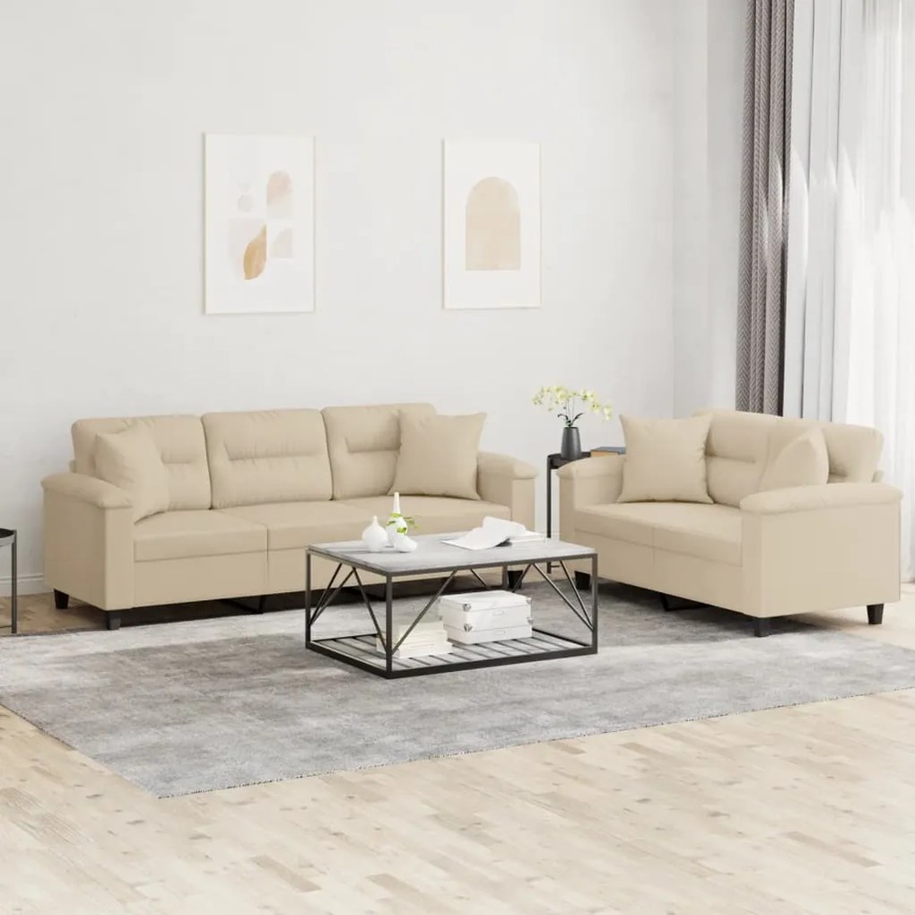 Set Divani 2 Pz Con Cuscini Crema İn Tessuto Microfibra /